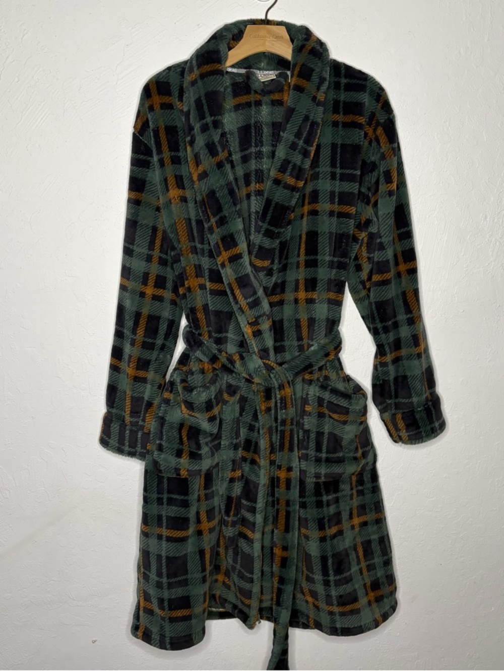LL Bean Mens S Fleece Robe Green Plaid Shawl Collar Belted Plush Bathrobe Pocket - Picture 2 of 14